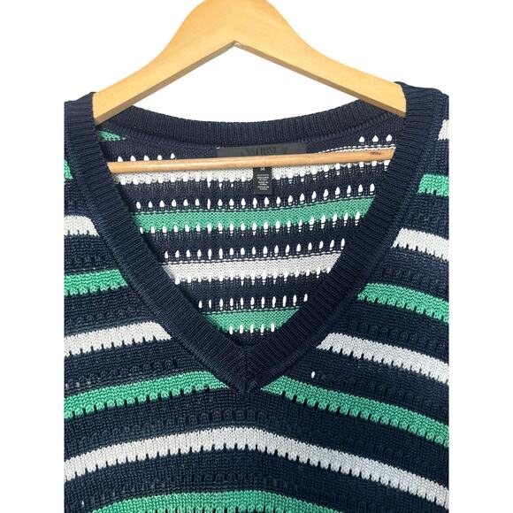 Women’s Striped Knit Sweater V-Neck Long Sleeve Navy Green White – Size Medium - Picture 3 of 7
